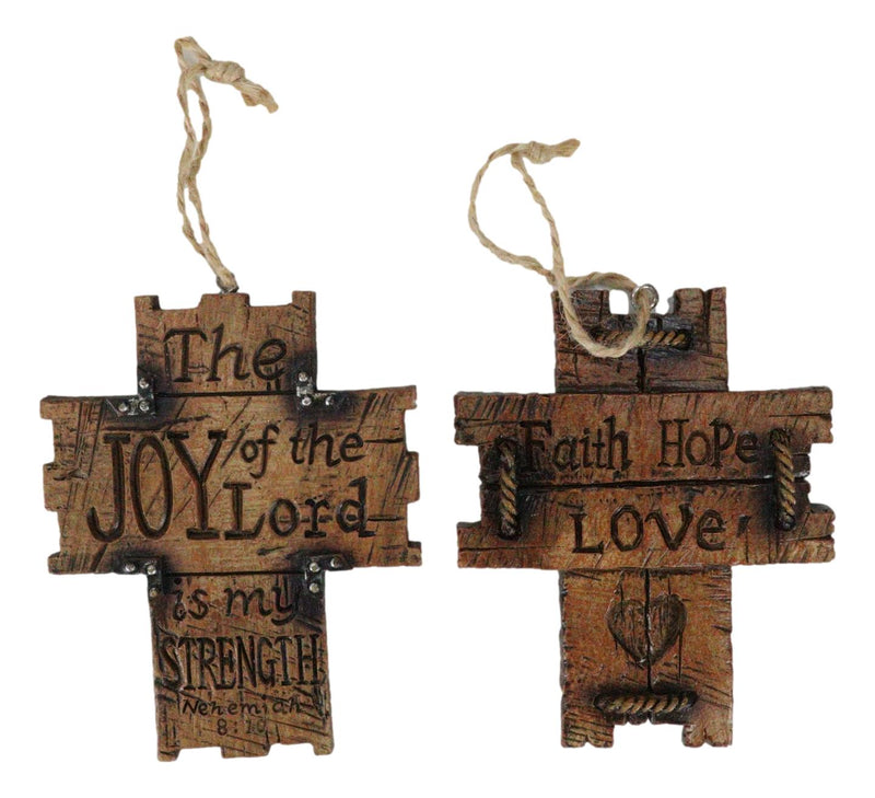 Set Of 4 Rustic Christian Bible Verses Faux Wood Christmas Tree Cross Ornaments