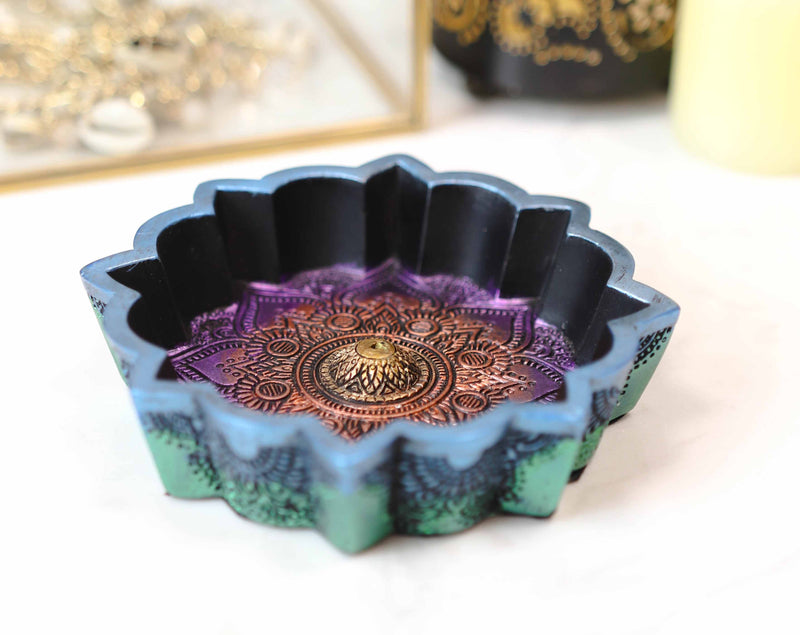 New Age Chakra Buddhist Mandala 8 Spokes Wheel Flower Incense Burner Figurine