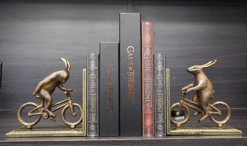 Ebros Gift Cast Iron And Aluminum Metal Whimsical Rabbit Bunnies On Bikes Bookends 7.25"Tall Set Of 2