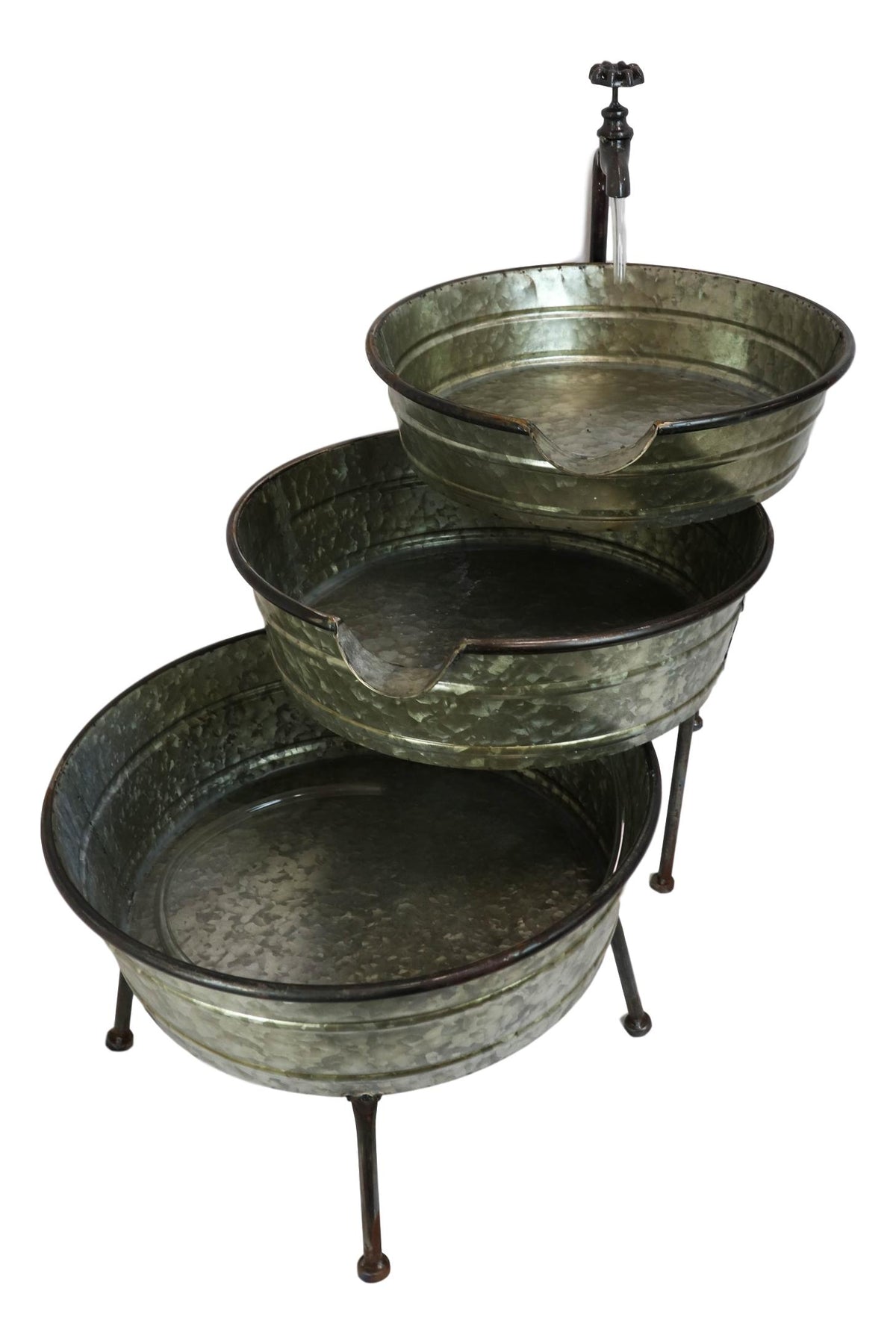 Galvanized Metal Rustic 3 Tier Basins Cascading Electric Water Fountain Feature