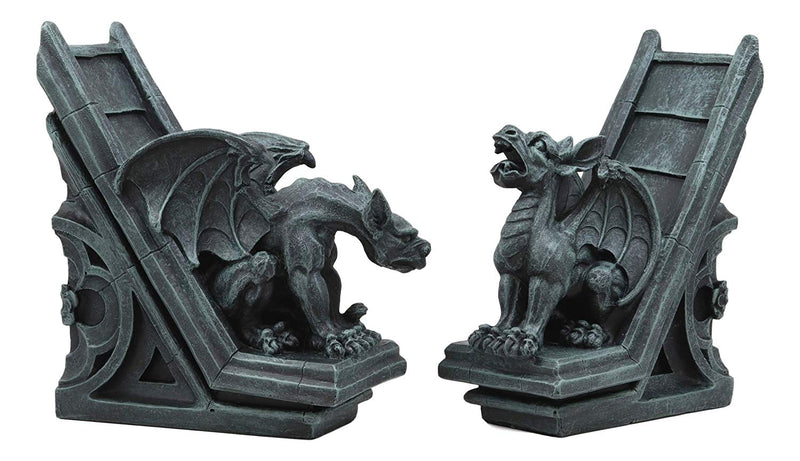 Ebros Gothic Roaring Gargoyles On Rooftop Sculptural Bookends Set 7" High Decor