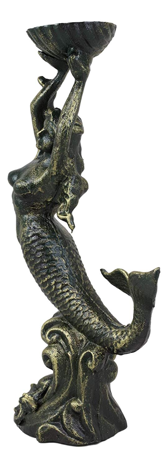 Cast Iron 15"H Under The Sea Mermaid Holding Up Sea Shell Candle Holder Statue - Ebros Gift