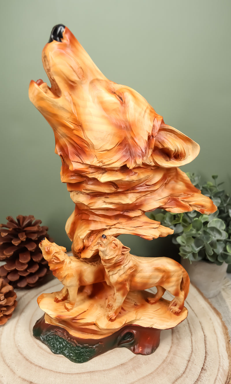 Faux Wood Three Howling Wolves Rocky Wildlife Scene Statue Timber Wolves Decor
