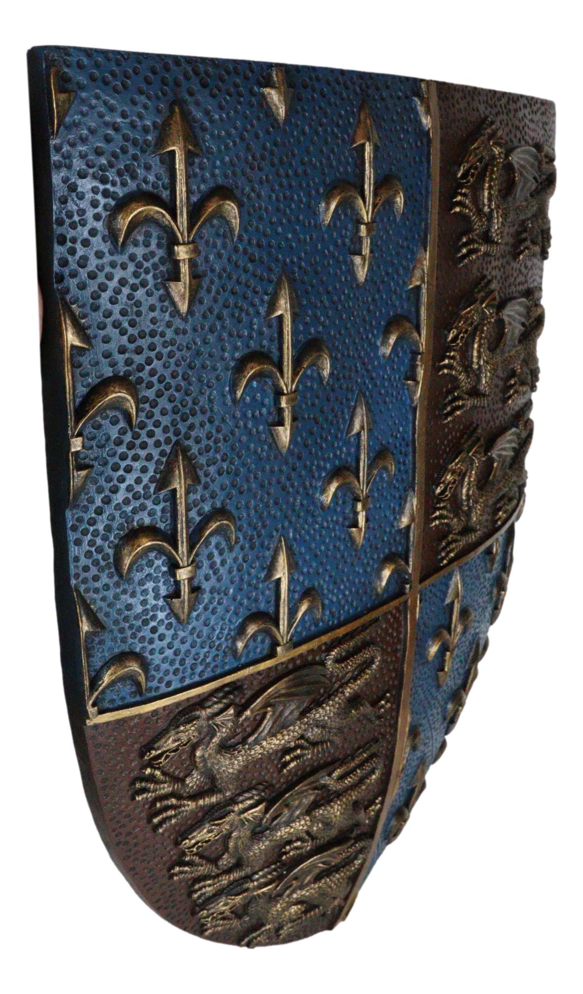 Large Medieval Knight Coat of Arms Fleur De Lis And 3 Dragons Shield Wall Decor