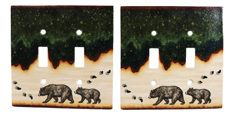 Pack of 2 Rustic Forest Mama Bear And Cub Double Toggle Switch Wall Outlet Plate