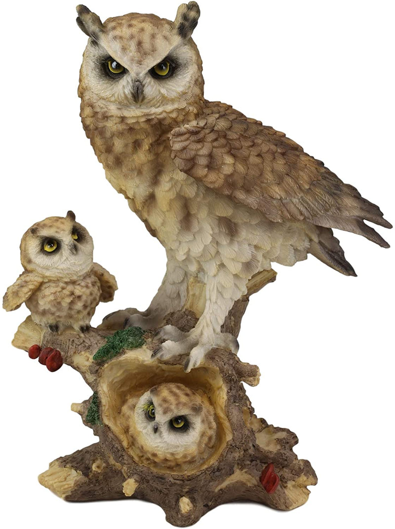 Ebros Brown Owl Perching On Tree Branch With Baby Owlets Statue 12"Tall