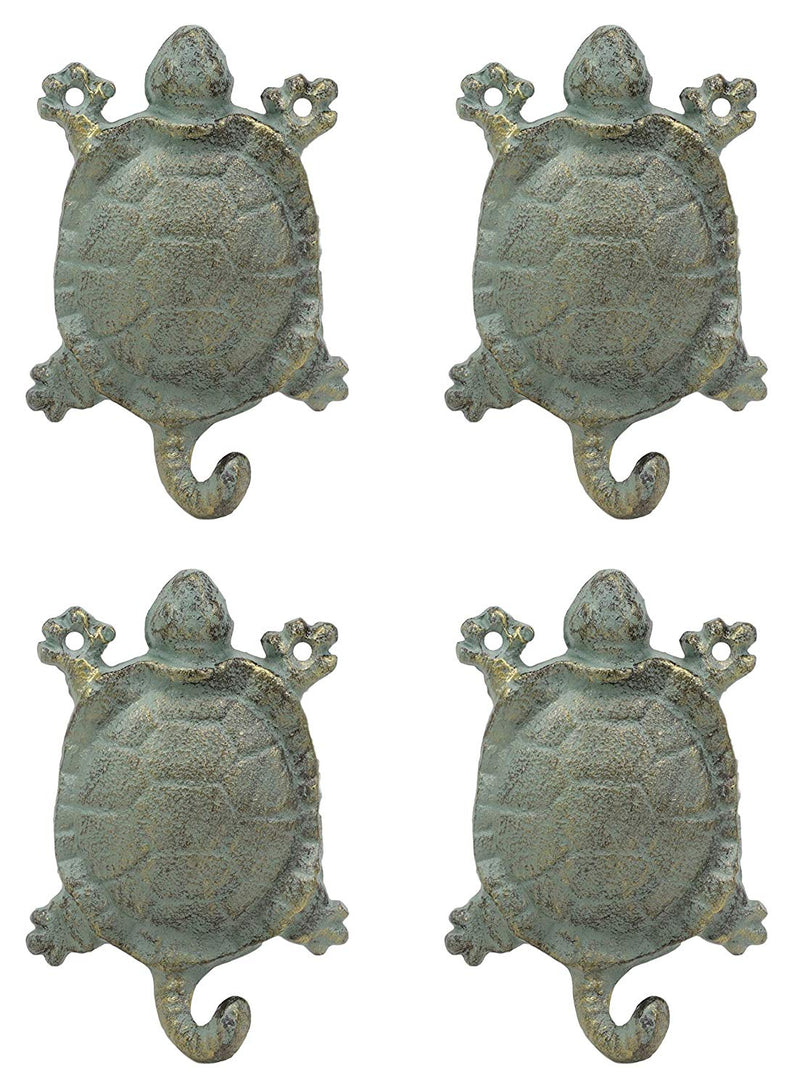 Ebros Gift 5.25" Tall Nautical Ocean Sea Turtle Cast Iron Rustic Vintage Green Verdigris Finish Wall Coat Hook Tortoise Turtles Coastal Beach Decorative Accent Hooks for Keys Leashes Hats (4)