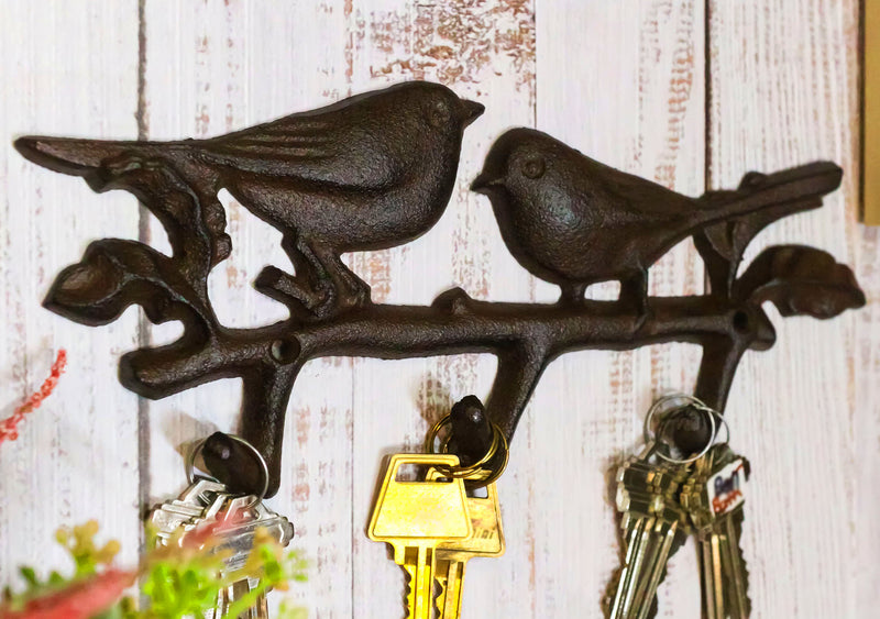 Cast Iron Rustic Lovebirds Perching On Leafy Twig Branch 3-Pegs Wall Coat Hook