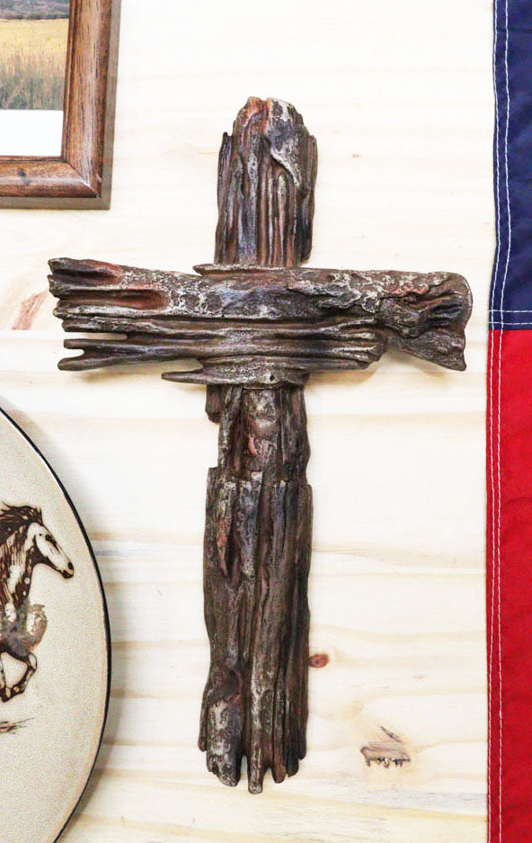 Rustic Western Country Rugged Faux Driftwood Distressed Wood Wall Cross Plaque