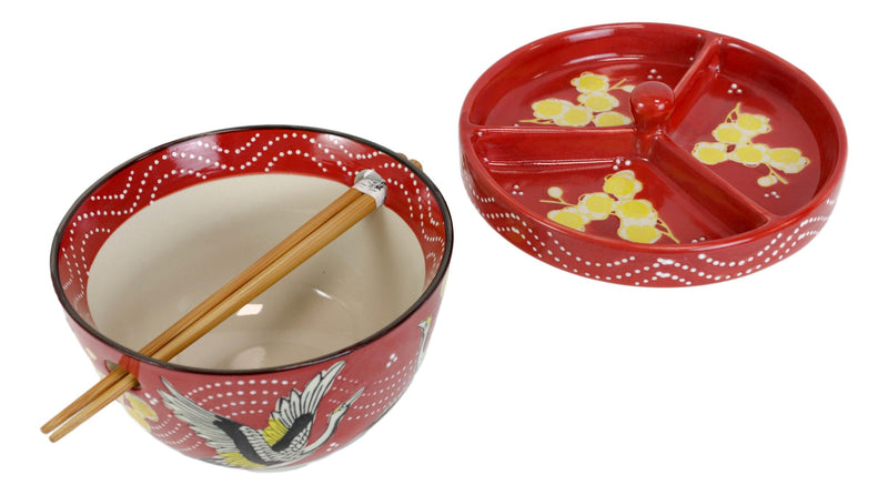 Red Flying Crane Ramen Bowl With Tempura Divider Condiment Lid Chopsticks Set