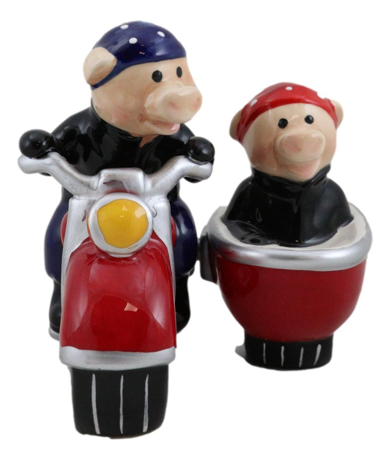 Hog Riders Biker Pig Couple Riding Motorcycle Side Car Rig Salt Pepper Shakers