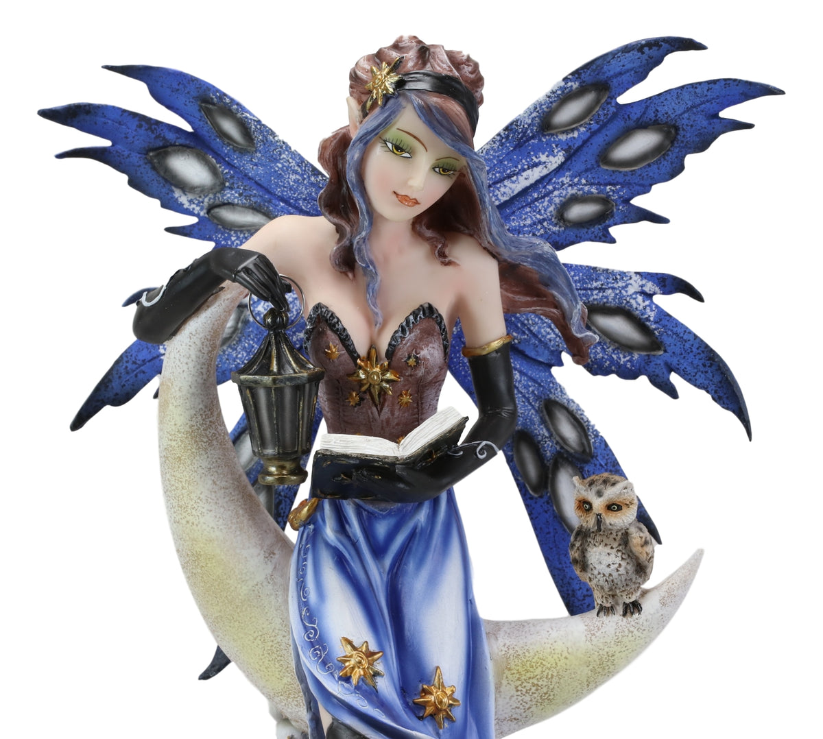 Fairy With Book Lantern And Owl On Crescent Moon Clouds and Stars Statue 14" H - Ebros Gift