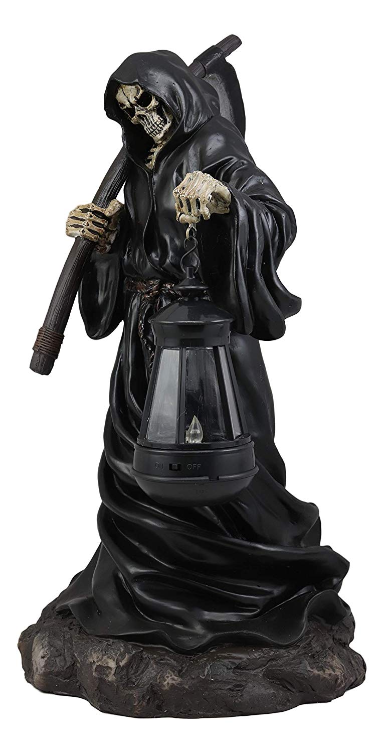 Ebros Large 16.5"Tall Beacon of The Styx River Grim Reaper Charon Holding Scythe and Solar Powered Lantern LED Light Statue Deadly Wraith Transporting Lost Souls Spooky Halloween Patio Decor Figurine