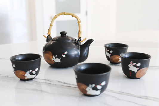 Eastern Folk Zen White Moon Rabbit Hare Black Ceramic Tea Pot With 4 Cups Set - Ebros Gift