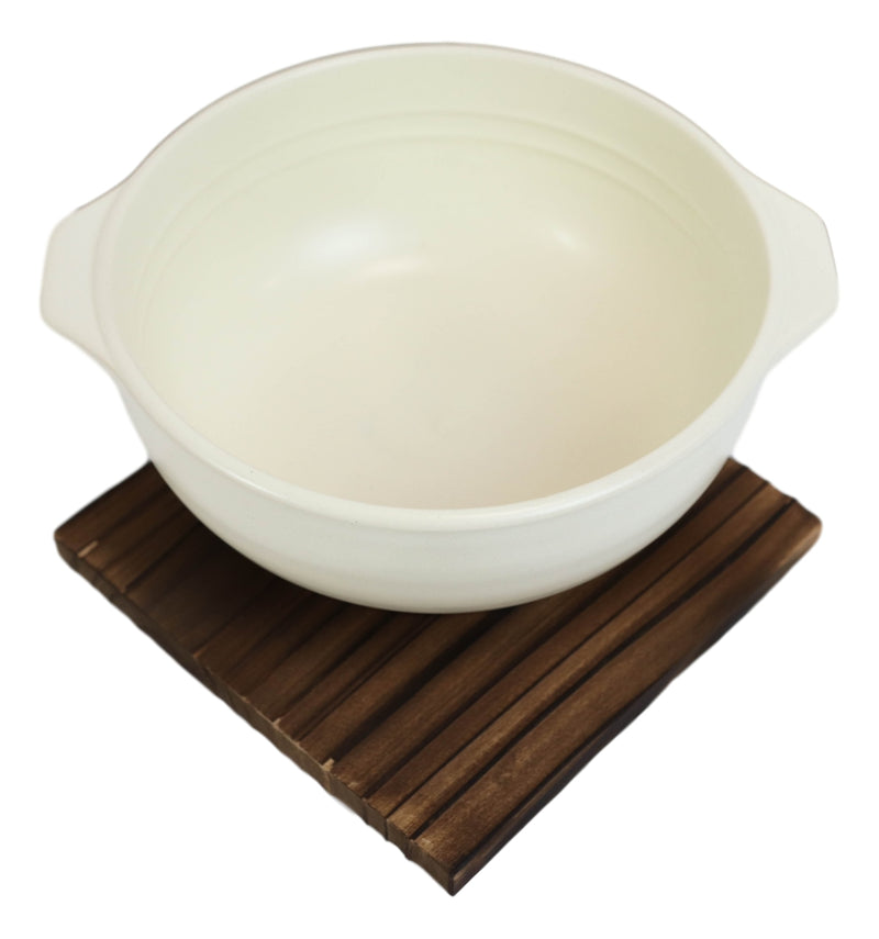 Japanese White Donabe Ceramic Hot Clay Pot Bowl Casserole 32oz With Wooden Base