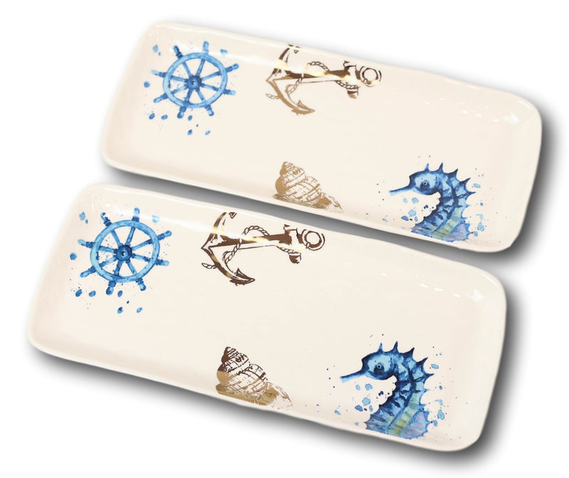 Nautical Marine Blue White Seahorse Helm Shell Ceramic Platter Plate Pack Of 2