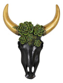 Rustic Western Bison Bull Cow Skull With Green Floral Roses Wall Decor Plaque