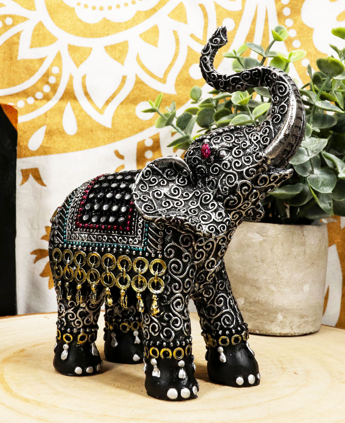 Ebros Feng Shui Scroll Art With Tapestry Pattern Trunk Up Trumpeting Elephant Statue - Ebros Gift