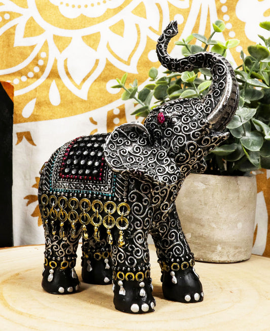 Ebros Feng Shui Scroll Art With Tapestry Pattern Trunk Up Trumpeting Elephant Statue - Ebros Gift