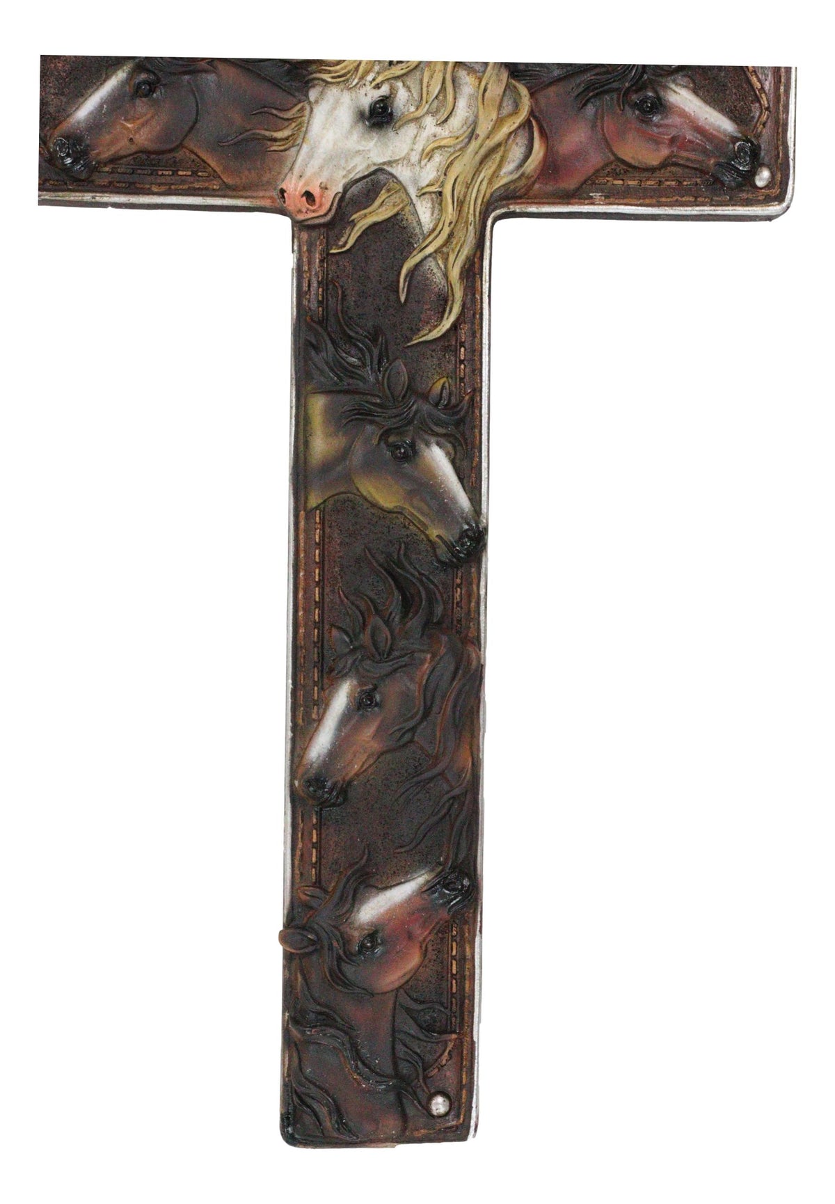 Rustic Western Colorful Horses Breeds Faux Tooled Leather Finish Wall Cross 11"