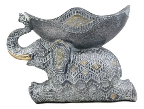 Ebros Grey Mosaic Design Elephant Laying Down With Trunk Up Holding Bowl Decor