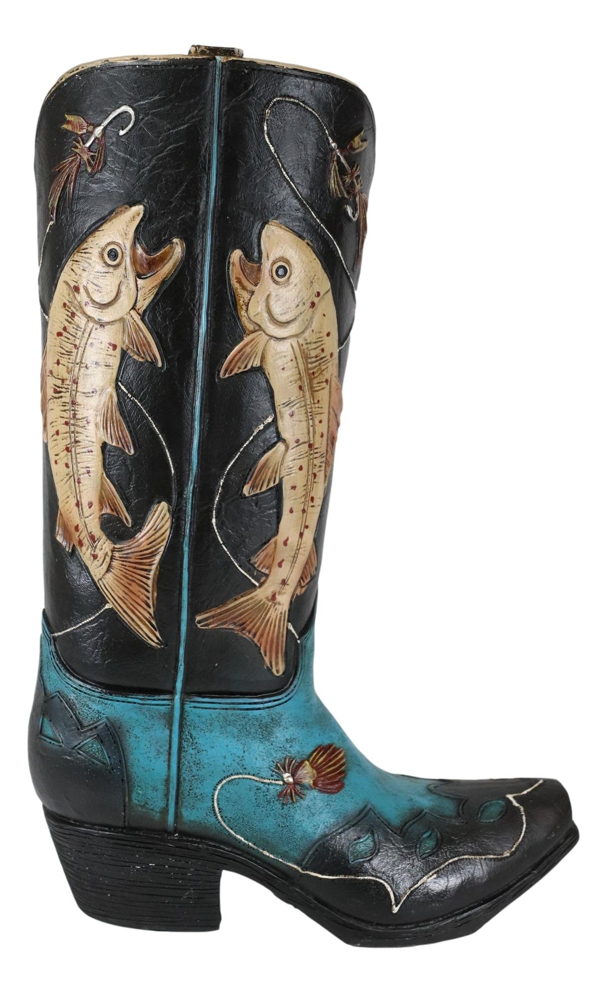 Western Fishing Angler Bass Fishes Cowboy Cowgirl Boot Vase Planter Figurine - Ebros Gift