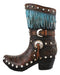 Rustic Western Tooled Leather Lace Patterns Boot Floral Vase With Blue Fringes