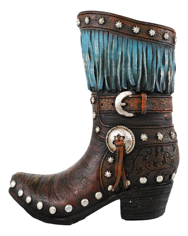Rustic Western Tooled Leather Lace Patterns Boot Floral Vase With Blue Fringes