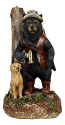 Rustic Black Bear Carrying Backpack Binoculars Shotgun With Hunting Dog Figurine