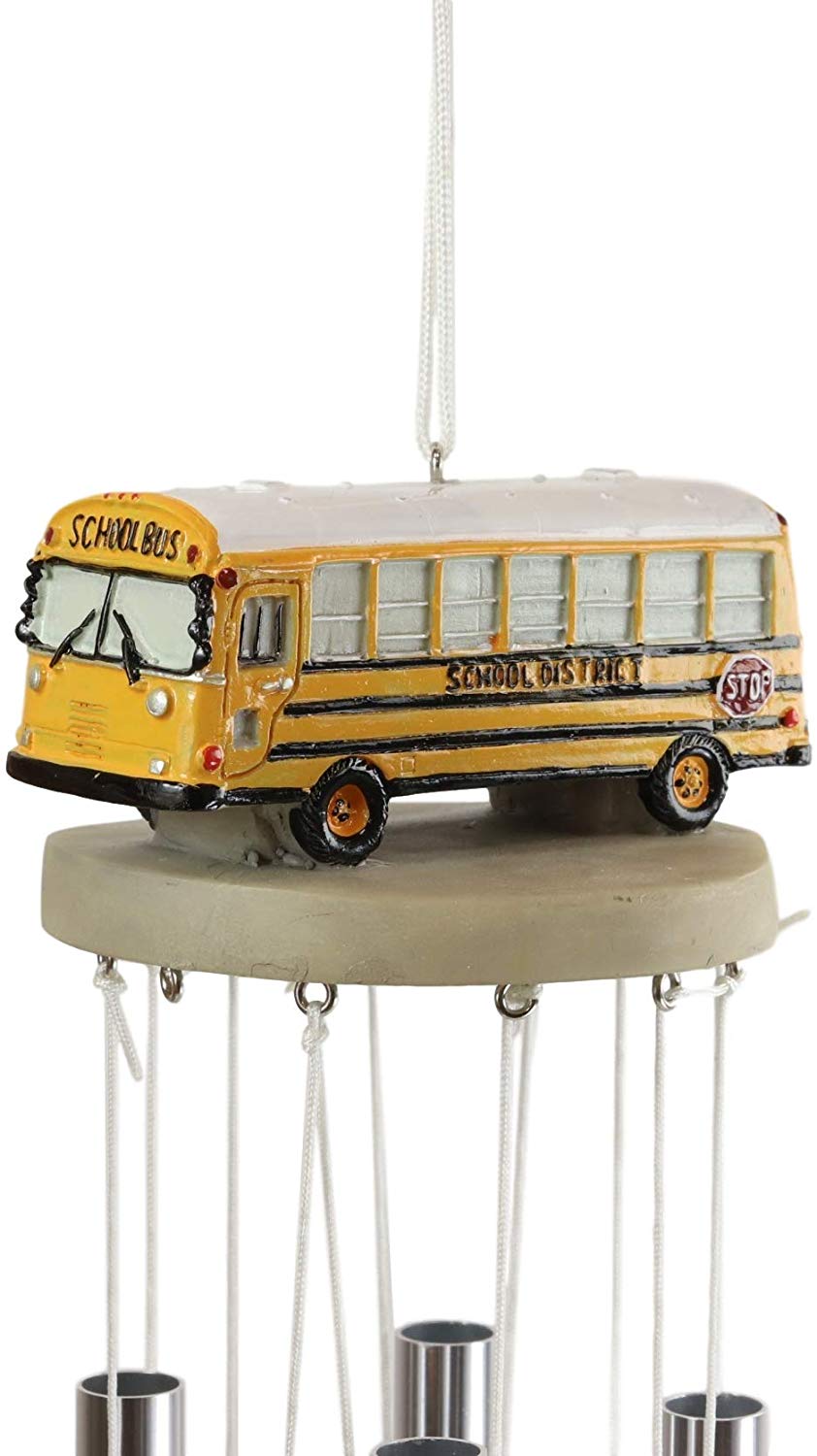 Ebros Gift Decorative North American Yellow School Bus Model Resonant Relaxing Wind Chime Patio Garden Accent of Buses Child Day Care Transportation Education Theme