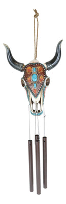 Set Of 2 Southwest Boho Chic Turquoise Ember Floral Scroll Cow Skull Wind Chimes