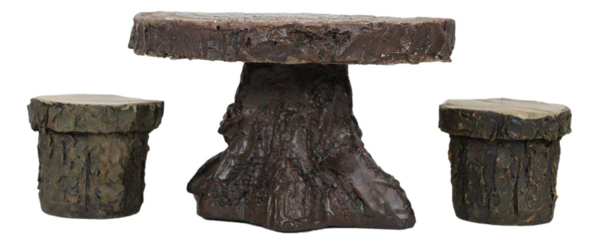Enchanted Fairy Garden Miniature Tree Stump Table And 2 Stool Chairs Statues - Ebros Gift