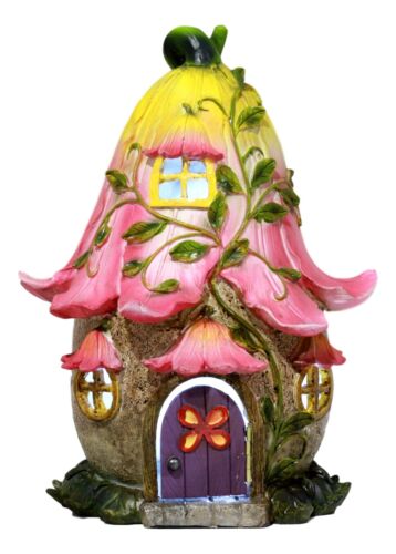 Mini Enchanted Fairy Garden Trumpet Lily Cottage Light Up House W/ Door Figurine - Ebros Gift
