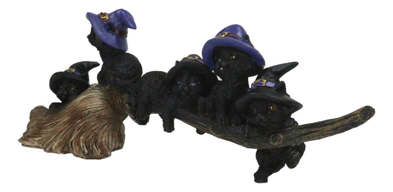 Halloween 5 Black Kitten Cats With Witch Hat Riding Magical Broomstick Figurine