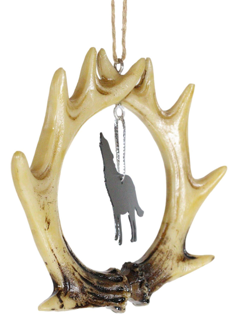 Rustic Western Deer Antlers Howling Gray Wolf Set of 2 Christmas Tree Ornaments