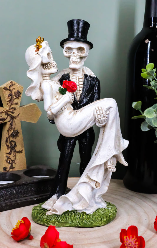 Love Never Dies Day of The Dead Skeleton Groom Carrying Bride With Rose Figurine