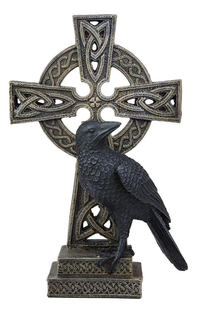 Gothic Raven Crow Perching On Celtic Cross Tomb Statue Harbinger Of Doom Decor
