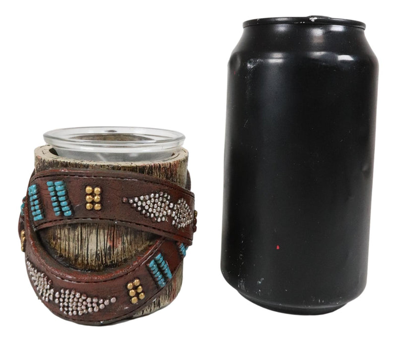 Pack Of 2 Western Turquoise Belt Buckle On Faux Wood Trunk Votive Candle Holders