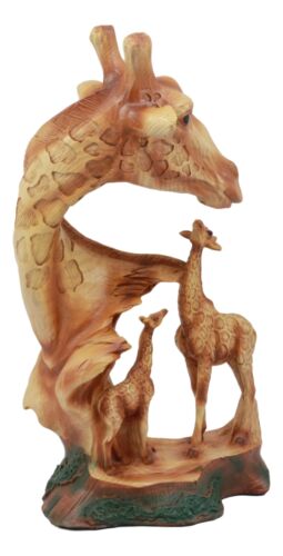 Ebros Safari Giraffe Bust Statue 12"Tall Faux Wood Resin Giraffe Family in Wilfdlife Savanna Scene Figurine