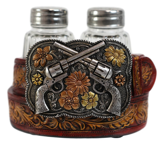 Western Revolver Six Shooter Pistols On Belt Buckle Salt And Pepper Shakers Set