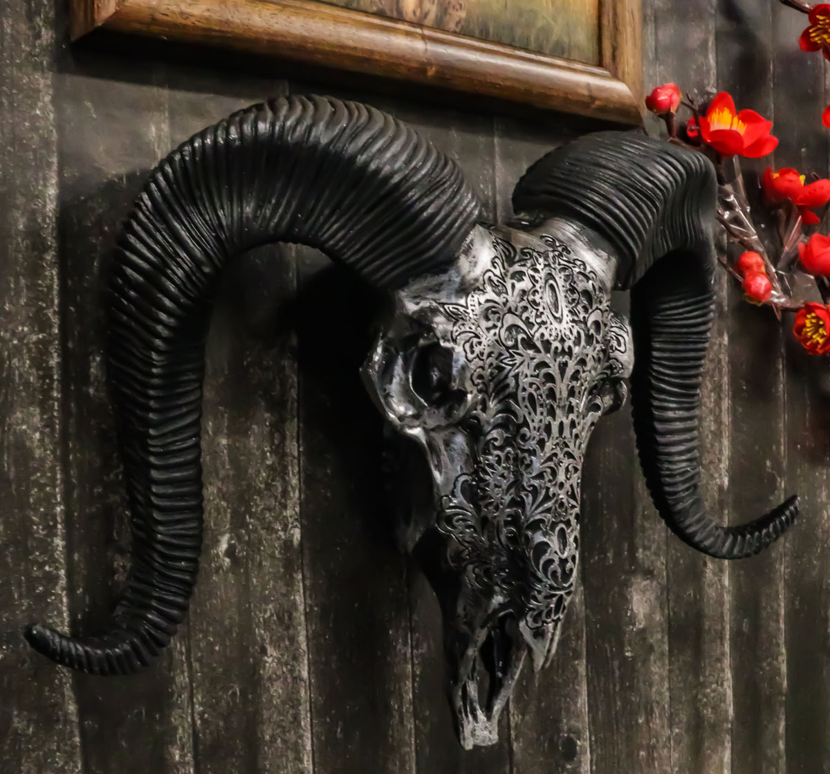 Silver Tribal Floral Vines Tooled Filigree Corsican Ram Cow Skull Wall Decor