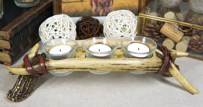 Rustic Buck Elk Deer Stag Entwined Bone Antlers 3 Votive Candles Holder Figurine