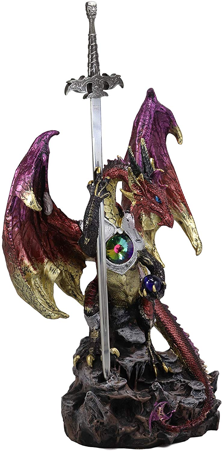 Ebros Gift Large Hyperion Red Ember Crystal Heart Armored Dragon Guardian of Orb and Excalibur Dagger Blade Sword Statue 12" Tall Medieval Dungeons and Dragons Fantasy Decorative Sculpture