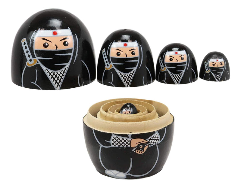 Ebros Black Japanese Ninja Wooden Toy Stacking Nesting Dolls 5 Pieces Matryoshka