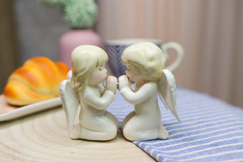 Ebros Nostalgic Praying Boy And Girl Angels Magnetic Ceramic Salt Pepper Shakers Set