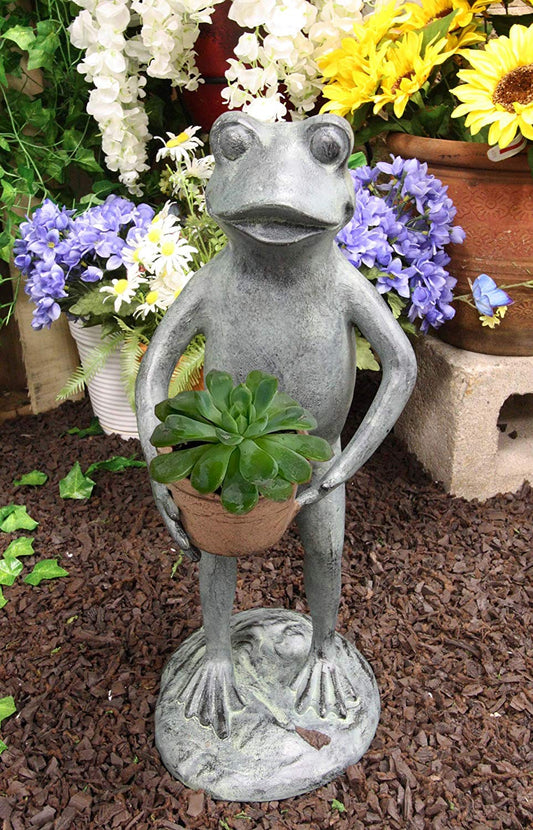 19"H Aluminum Green Thumb Whimsical Gardening Frog Carrying A Planter Pot Statue - Ebros Gift