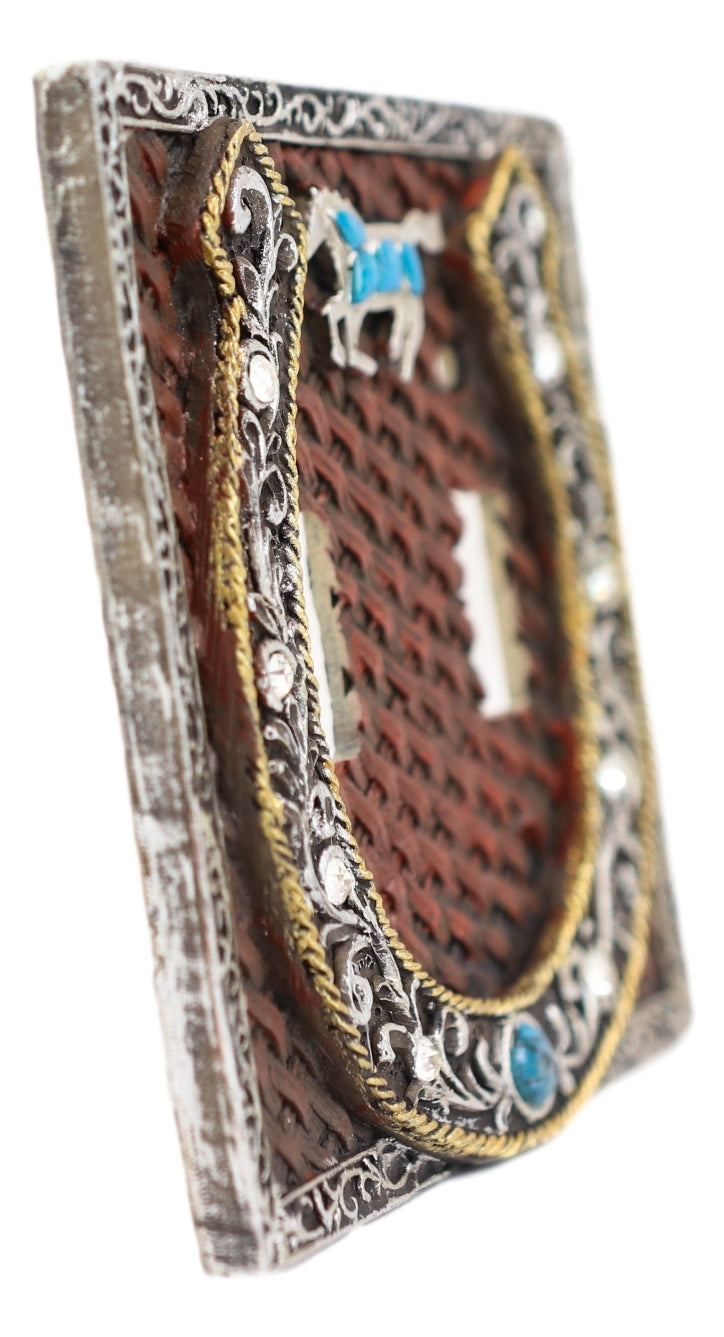 Set of 2 Western Horseshoe Turquoise Mustang Wall Double Toggle Switch Plates