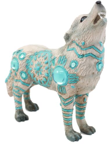 Turquoise Heavens Native Tribal Howling Snow Wolf Totem Spirit Figurine 6.25"L