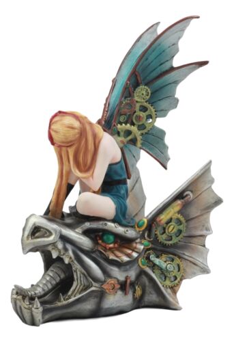 Steampunk Pilot Aviator Fairy Riding Mechanical Cyborg Dragon Head Statue 10"H