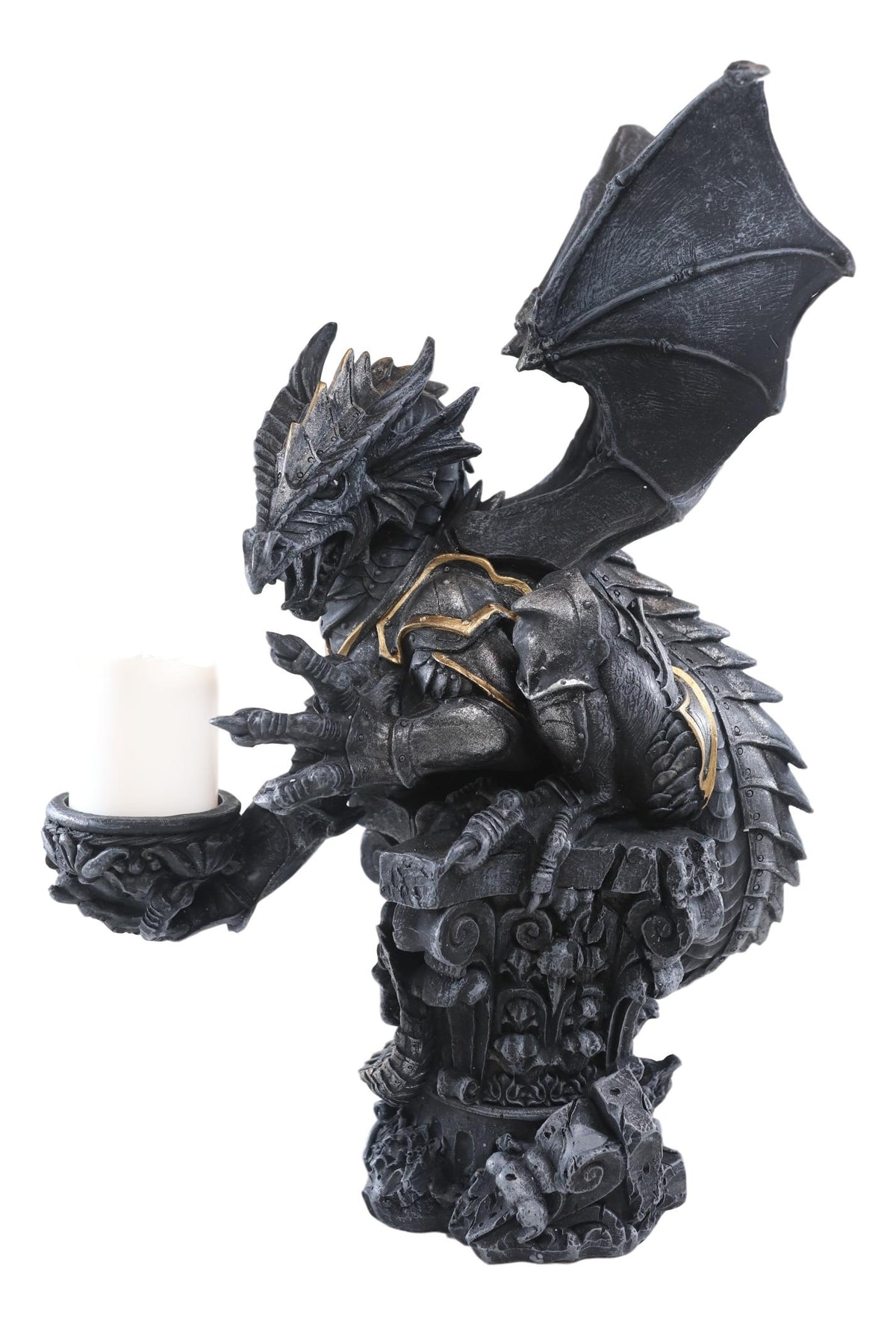 Large Rune Armored Dragon On Pedestal Tea Light Candle Holder Statue Figurine